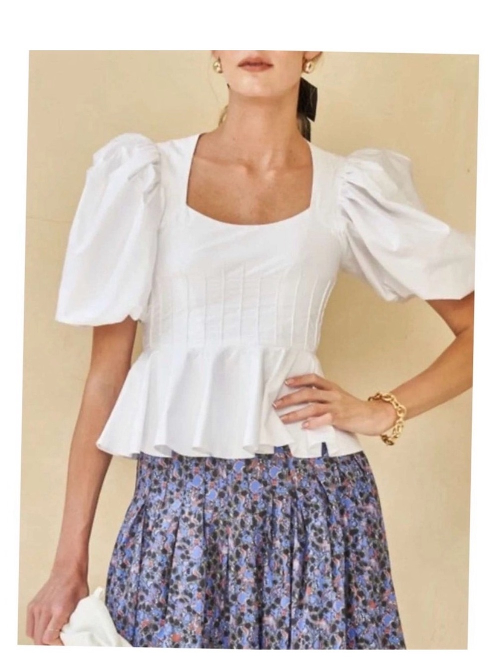 HUNTER BELL White Puff-Sleeve Peplum Blouse